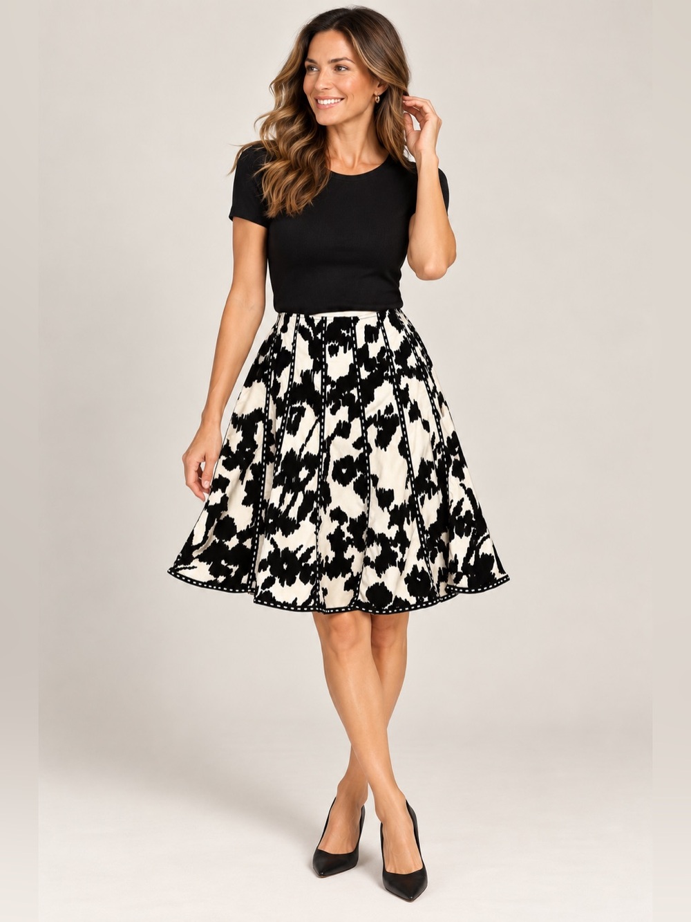 CAbi Dashing Skirt Size 8 Black Ivory 100% Cotton A-Line Style 937